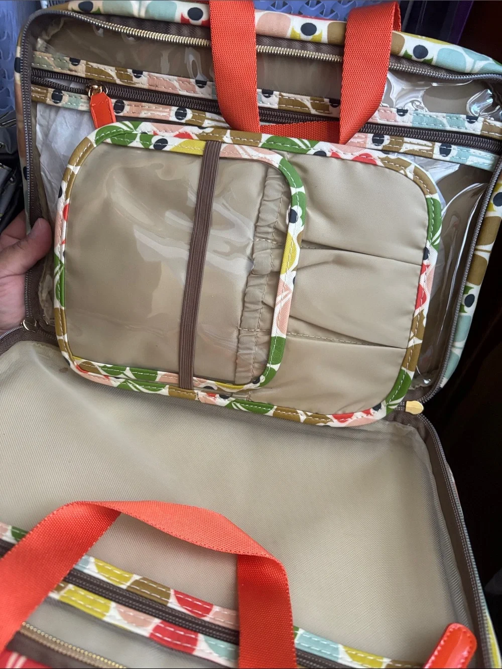 Orla Kiely Multicolor Floral Pattern Cosmetic Bag with Orange Handles